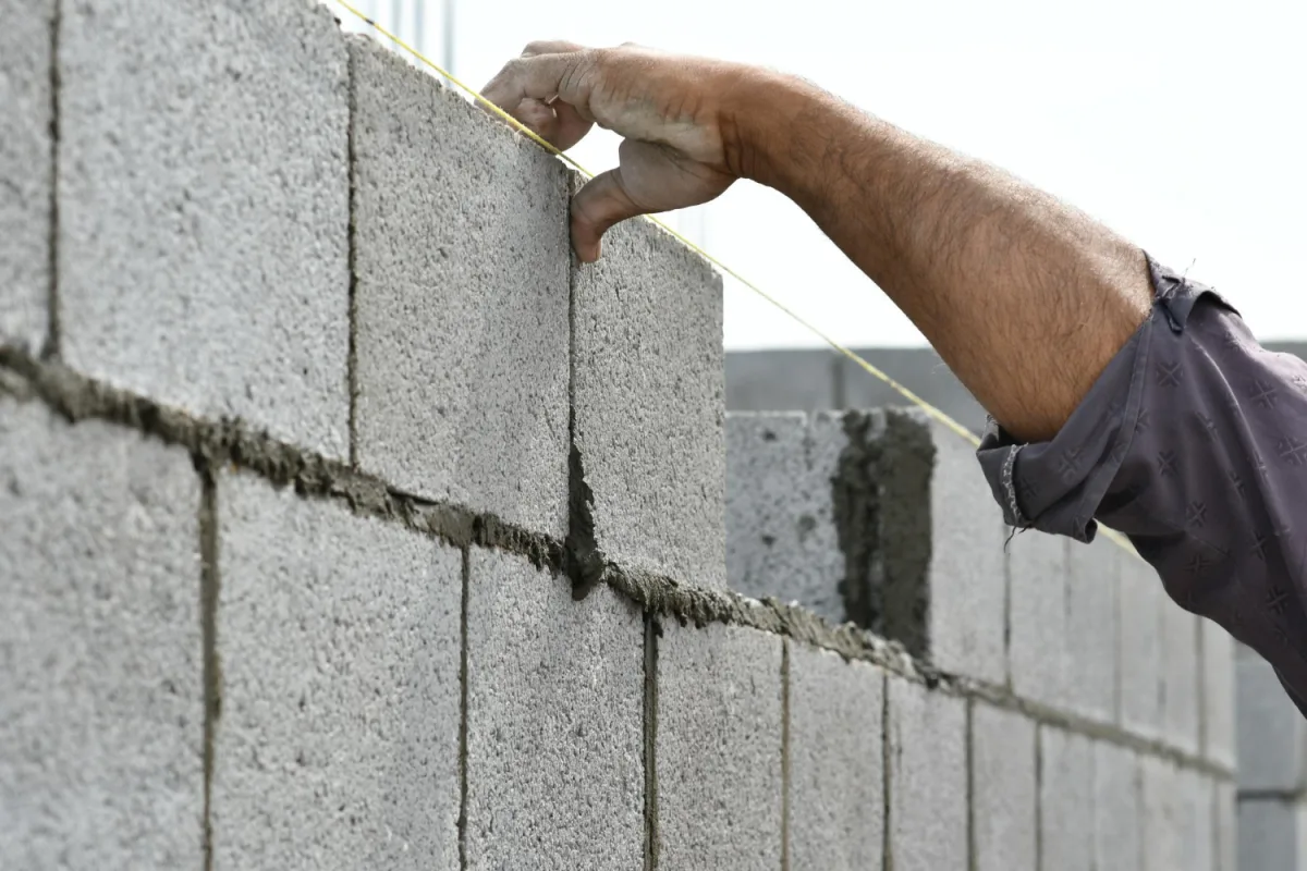 Gros plan sur la construction d'un mur en parpaings